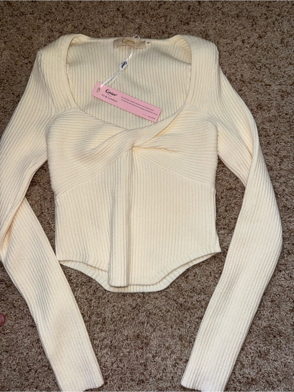 Cream Ribbed Twist-Front Long Sleeve Top